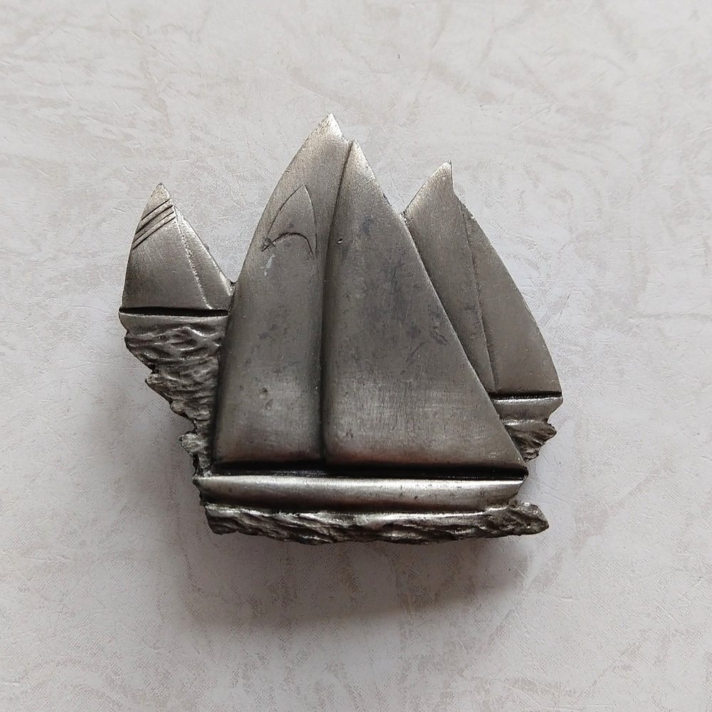 Vintage 1970s Pewter Sailboat Belt Buckle